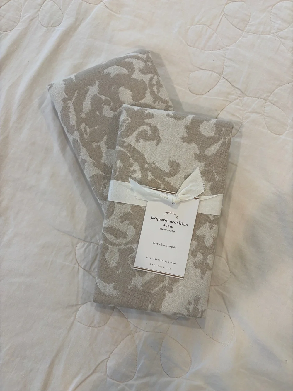 Set of 2 Pottery Barn Neutral Jacquard Medallion Euro Shams - Beige & Linen, NWT